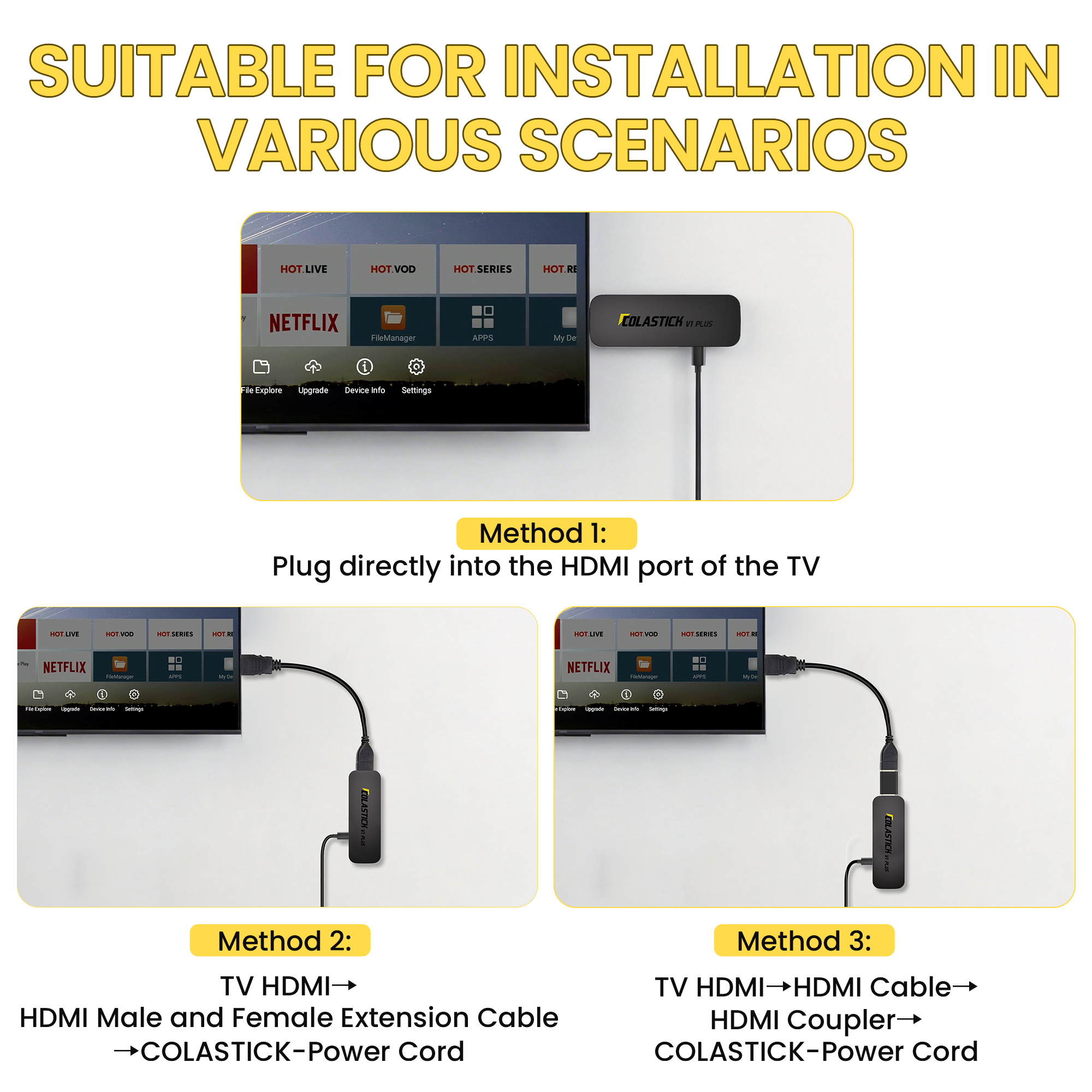 Three HDMI installation methods for COLASTICK V1 PLUS