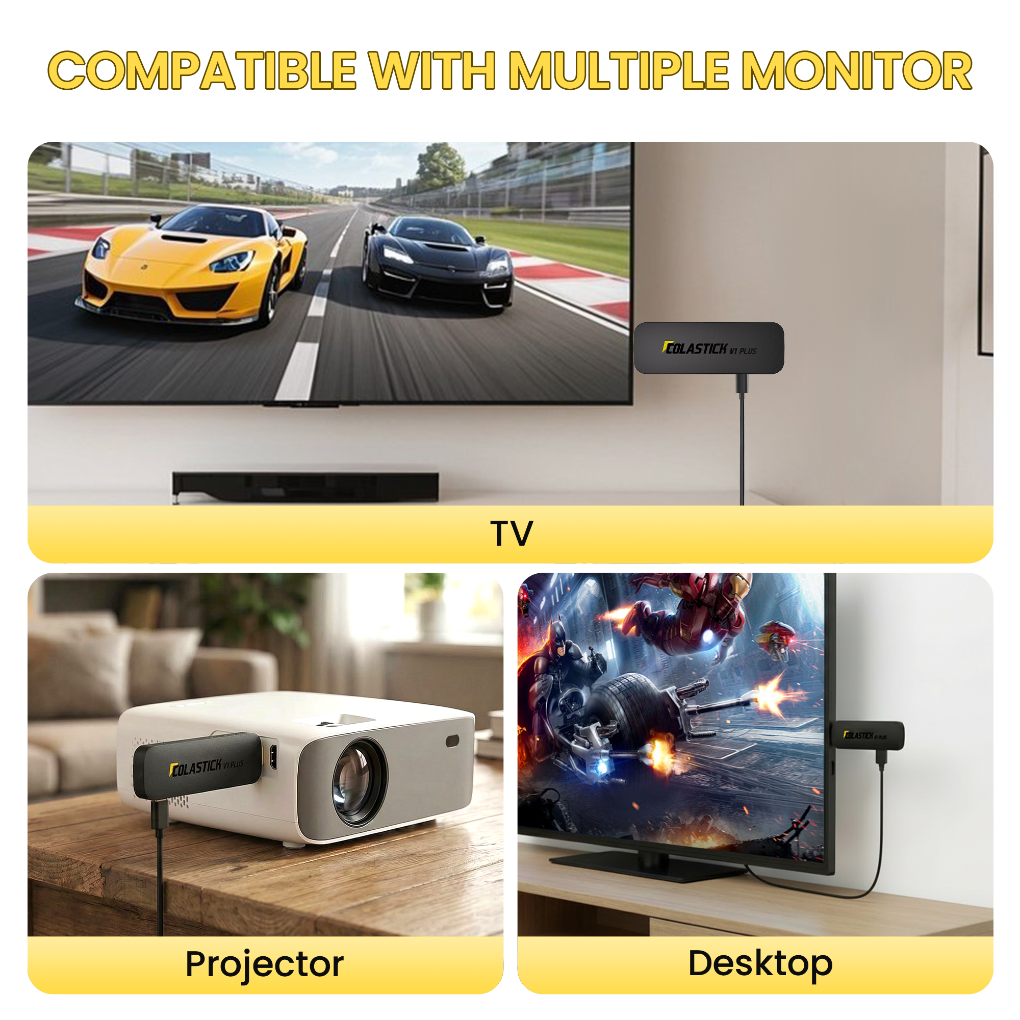 COLASTICK V1 PLUS connected to a TV, projector, and monitor